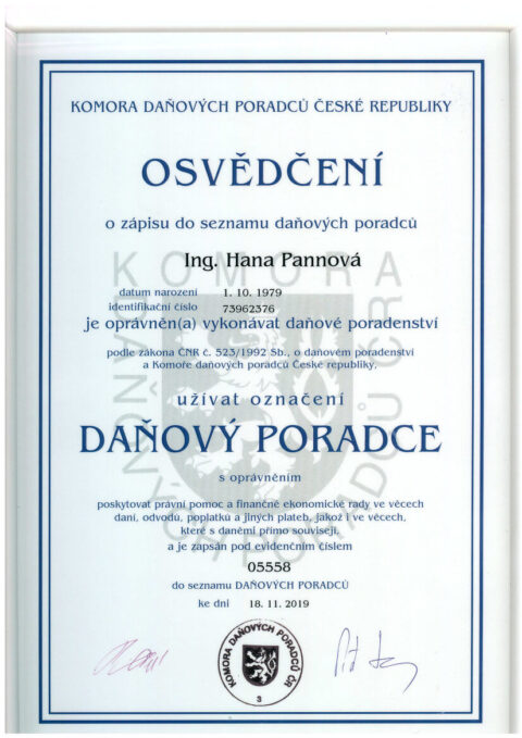 Osvědčení Komory daňových poradců České republiky pro Ing. Hanu Pannovou